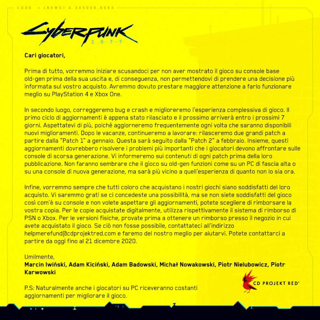 cyberpunk 2077 cd projekt red lettera di scuse
