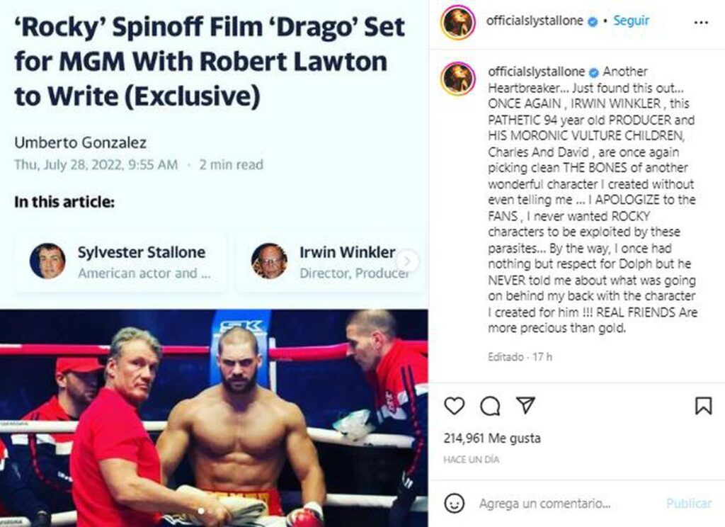 Sylvester Stallone su spin-off Drago ex attore Rocky infuriato