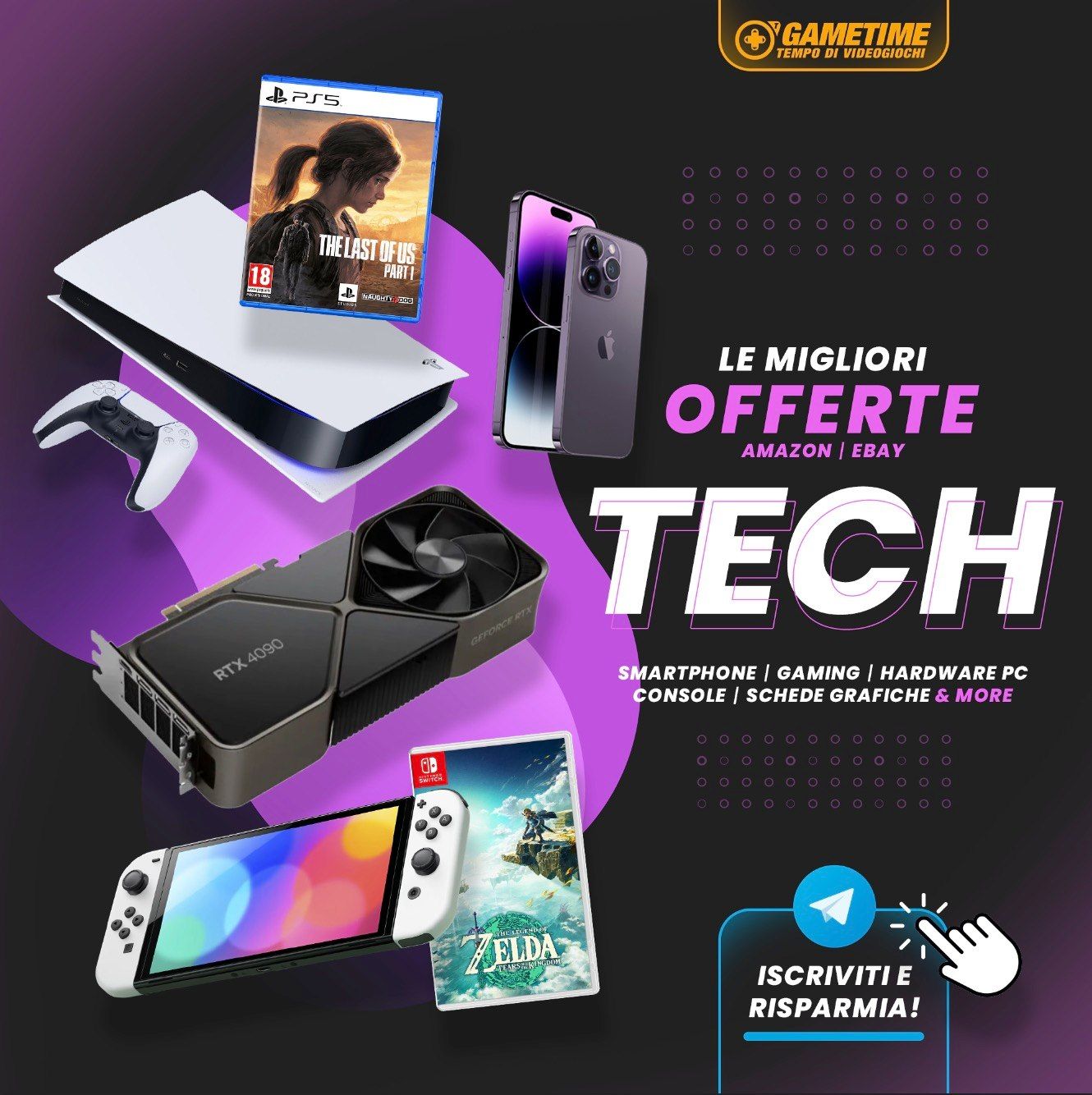 Banner-canale-Telegram-Gametime-Offerte-Tech-PS5-Switch-iPhone-RTX4090-Amazon